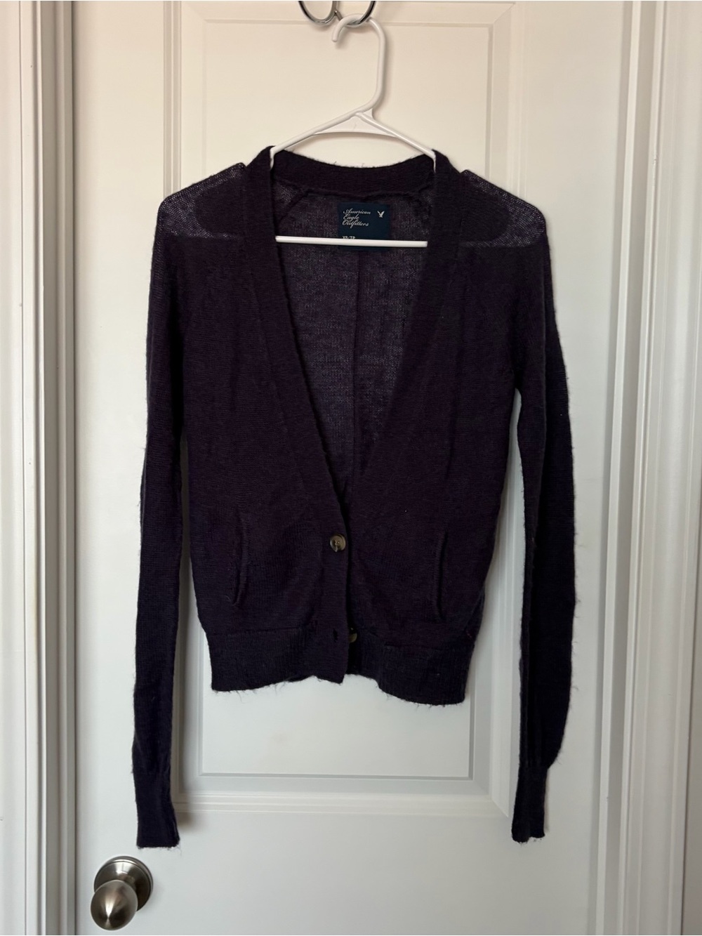 American Eagle Outfitters Dark Purple V-Neck Button Cardigan